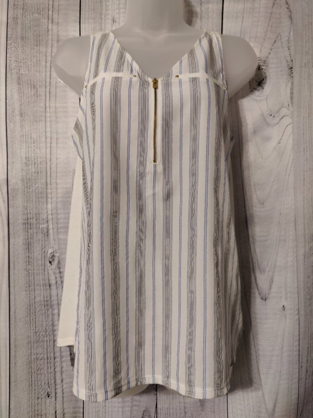 Express Striped Mixed-Media Zip V-Neck Tank Top